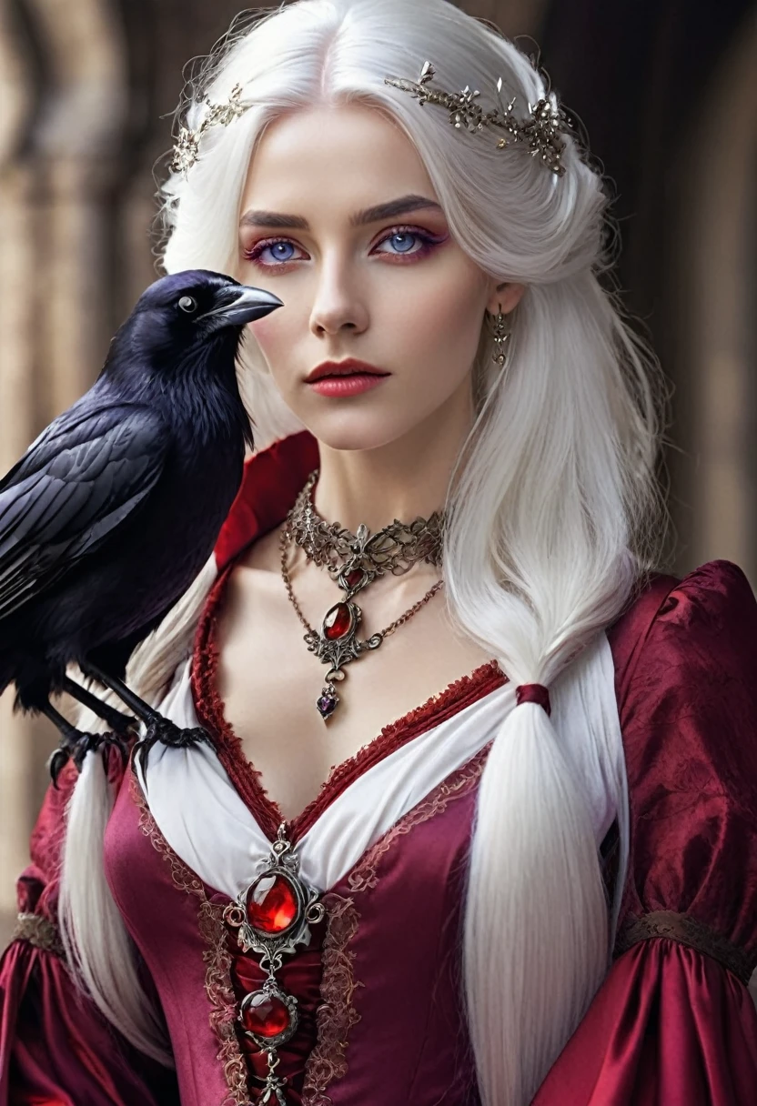 White hair fine features violet eyes, slim, with an elegant red medieval dress, a necklace of a small crow 