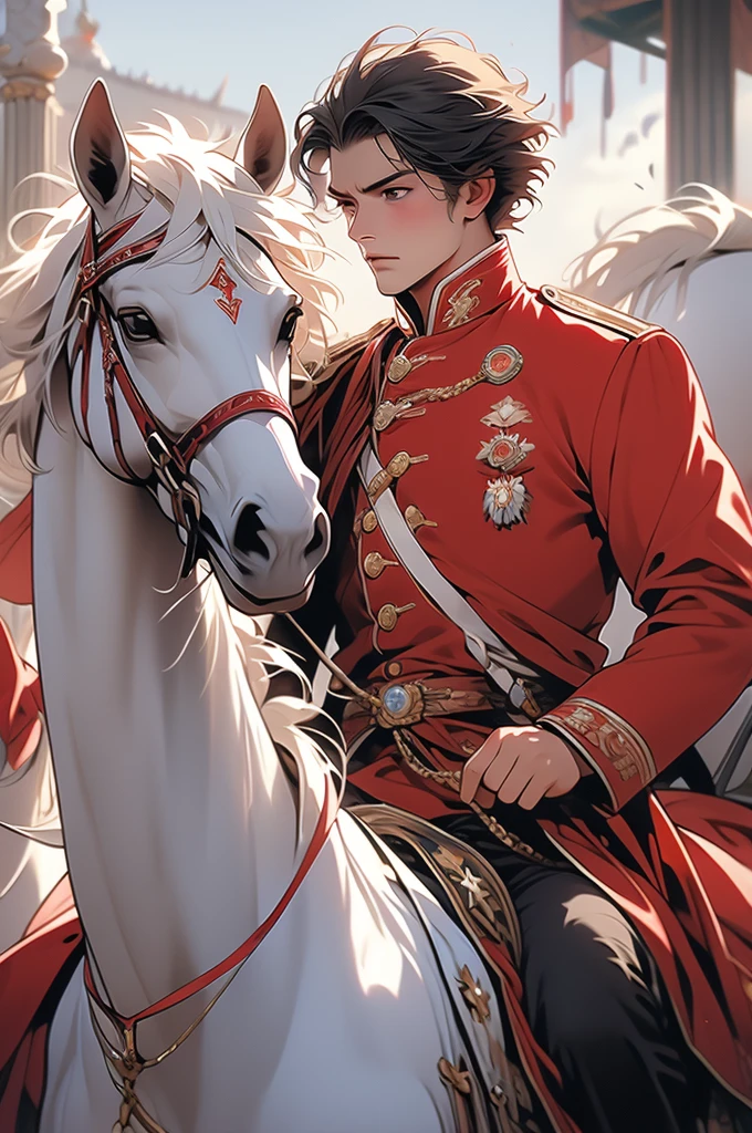 boy, riding white horse, red military uniform, husar, short hair, Napoleonic wars