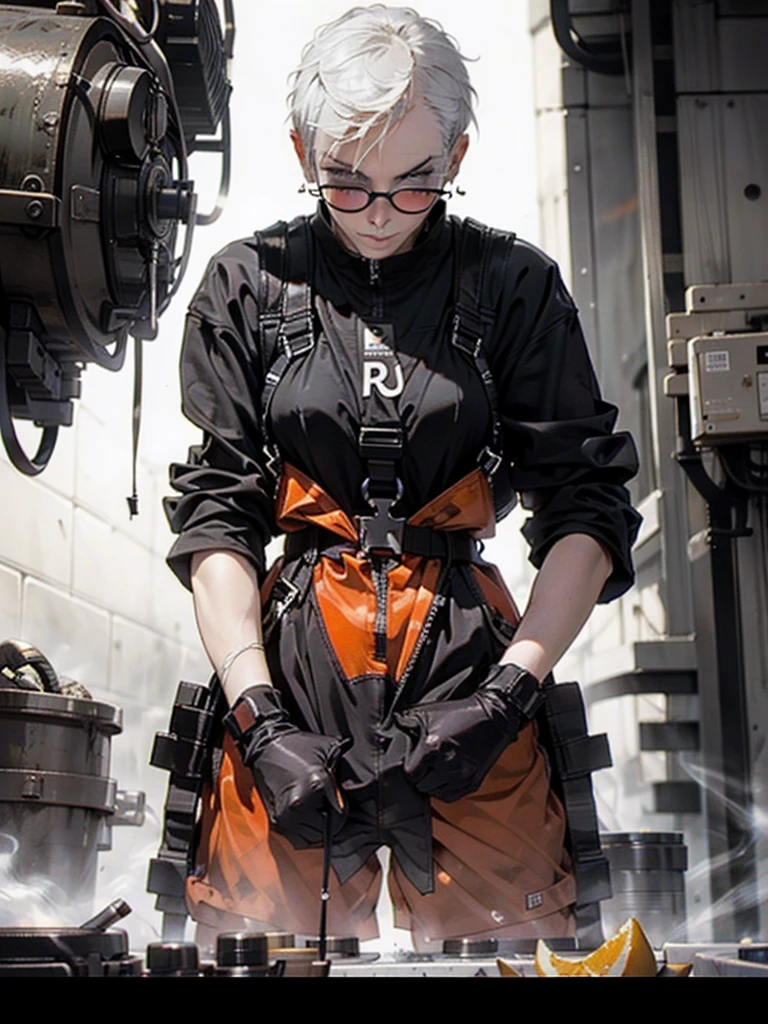 Nijistyle, short hair, NNLNNX, A muscular 35-year-old female welder working hard in a nearly naked steel industry in the Simon Bisley style, (( Welder's technological glasses on the forehead )), Holding a blowtorch, fumando um charuto, charuto entre os dentes, She wears a bandana on her head and is working hard operating machines in the production of parts for robots, suada, pele molhada de suor, suja, cansada mas sorrindo, orange worker overalls with typographies, ((( cor de laranja ))), corpo perfeito, seios grandes com decote, ((( cabelo super curto loiro claro ))), ((( rosto adulto ))), ((( Annie Lennox ))), Minimum clothing, mostrando parte dos seios, decote invertido, Nijistyle, jantar adulto, cena sensual, extremamente sexy