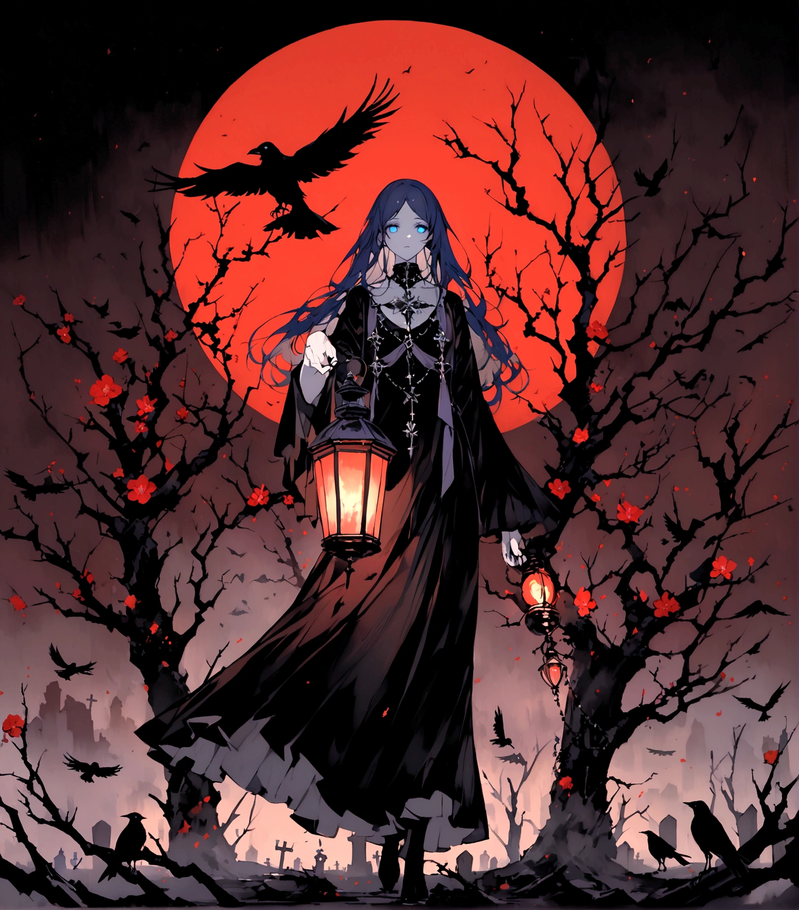 (((Highest quality)))(((high quality)))(((Glossy feel)))長い髪のbeautifulアニメ風の美女, (((Purple-blue hair)))Long Hair,(((looking at the camera)))Transparent Hair,Face of Sadness,(((blue eyes)))A beautiful woman filled with sorrow,(((Perfect figure)))Big Breasts,(((Black and grey open neckline dress))),(((Radical Clergy)))Chaotic clothes,Rosary(((beautiful)))Pale skin,(((Walking)))((Holding a lantern in his right hand))Full Body Shot,Crow,(((background)))dead tree,fog,Red Moon,Mysterious flower,Graveyard of Darkness。