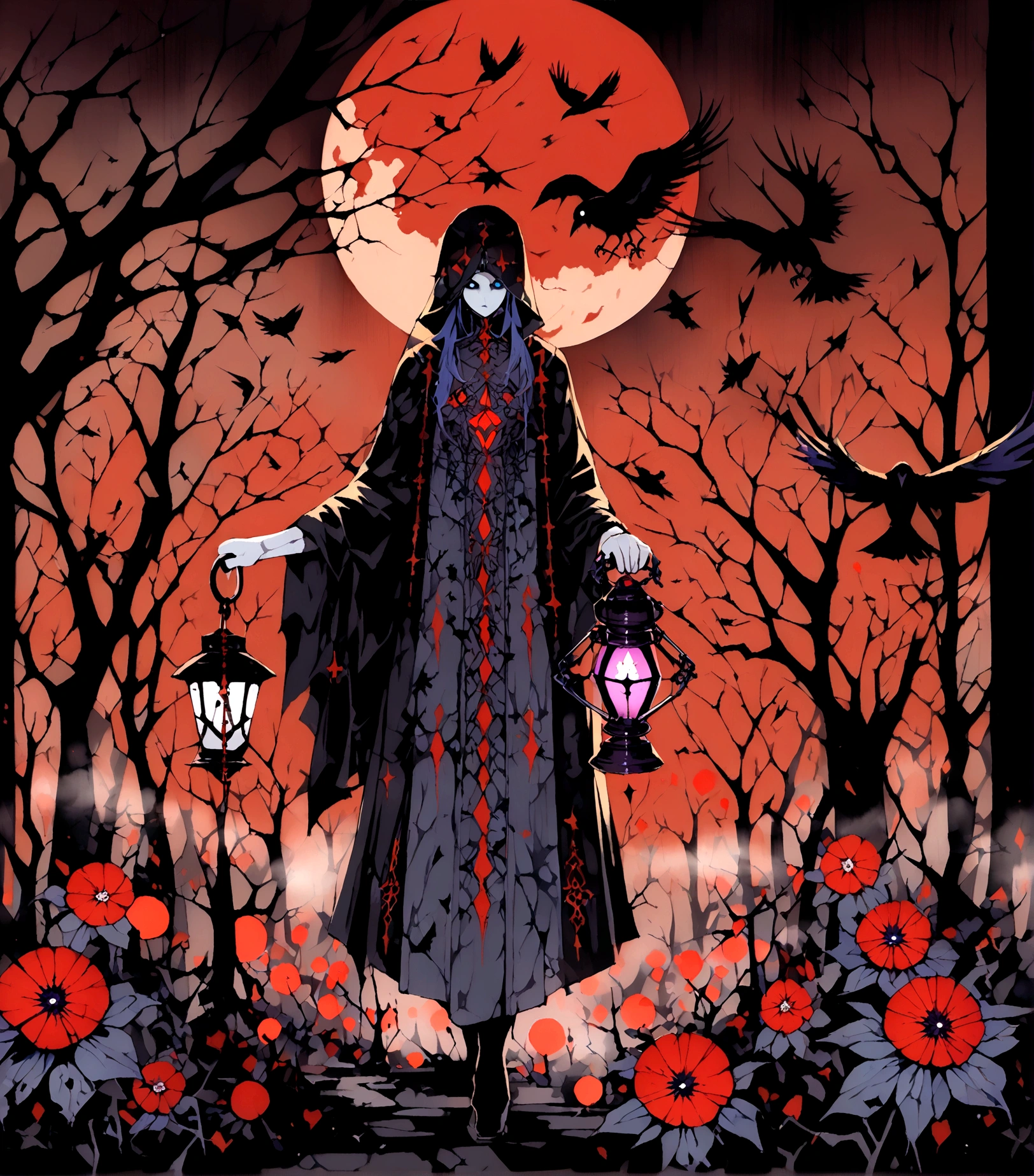 (((Highest quality)))(((high quality)))(((Glossy feel)))長い髪のbeautifulアニメ風の美女, (((Purple-blue hair)))Long Hair,(((looking at the camera)))Transparent Hair,Face of Sadness,(((blue eyes)))A beautiful woman filled with sorrow,(((Perfect figure)))Big Breasts,(((Black and grey open neckline dress))),(((Radical Clergy)))Chaotic clothes,Rosary(((beautiful)))Pale skin,(((Walking)))((Holding a lantern in his right hand))Full Body Shot,Crow,(((background)))dead tree,fog,Red Moon,Mysterious flower,Graveyard of Darkness。