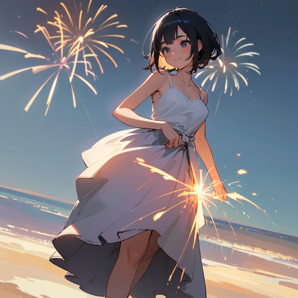 (high quality, High resolution, Very detailed, reality:1.37), Peaceful atmosphere, (Night Sky, firework), age girl standing alone, (my breasts are big.), Beautiful details, Cute Smile, (Black bob hair), White camisole dress, White socks, loafers.