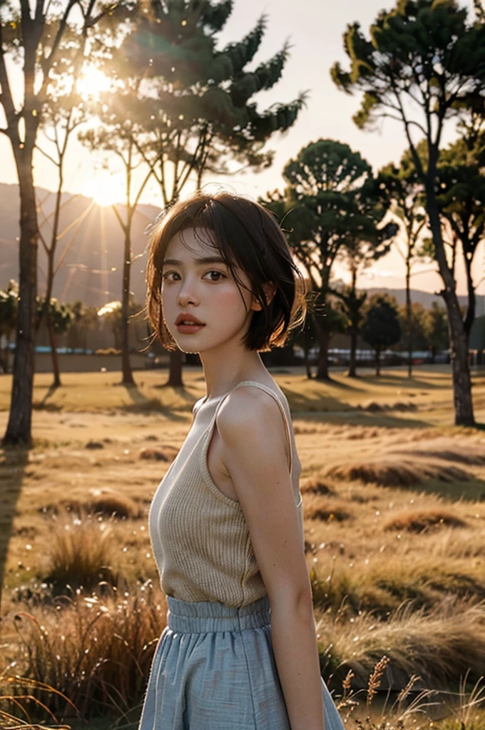 highest quality,masterpiece,ultra high resolution,realistic,RAW photo,unity 8k wallpaper, panorama, cinematic lighting, on the grass, sunset, dappled sunlight, golden hour lighting, Backlight, blurred background, (Lens flare), Wind, pastel colour, soft light, 1 girl,floating short hair, sad,Upper body,