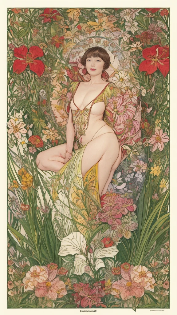 Poster,(Mucha:1.2),((Art Deco,Botanical Art,Flower Art)),(Floral:1.2),Lily flower, (masterpiece, Highest quality),(Vibrant colors,colorful),(Amazing details,Detailed Background),Anatomically correct,Accurate drawing,Detail view,Sense of luxury,Older mature woman,Japanese,Red lips,In underwear,
