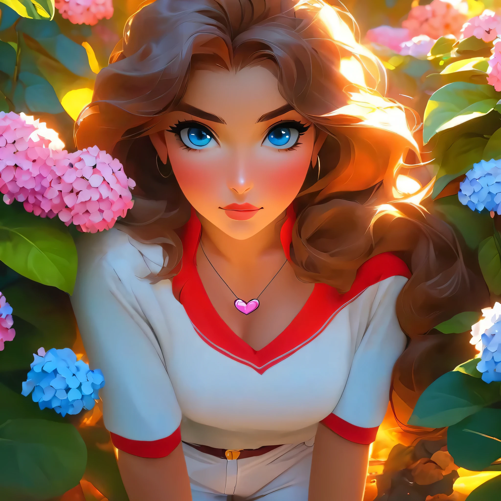 4K, June Scenario, Beautiful woman, long hair, chestnut hair, medium breasts, blue colored eyes, white  shirt, hot pants, neon red heart necklace, gazing at viewer, natta, colorful hydrangea