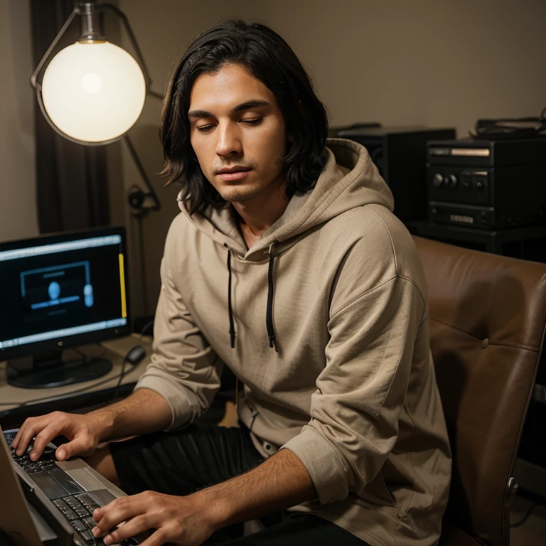 Show,man with short black hair,Use a BEIGE HOODED KANGAROO,Sit next to the computer,Hold the microphone with both hands,Close your eyes,indoor environment,The lighting is dark, fm radio studio,
