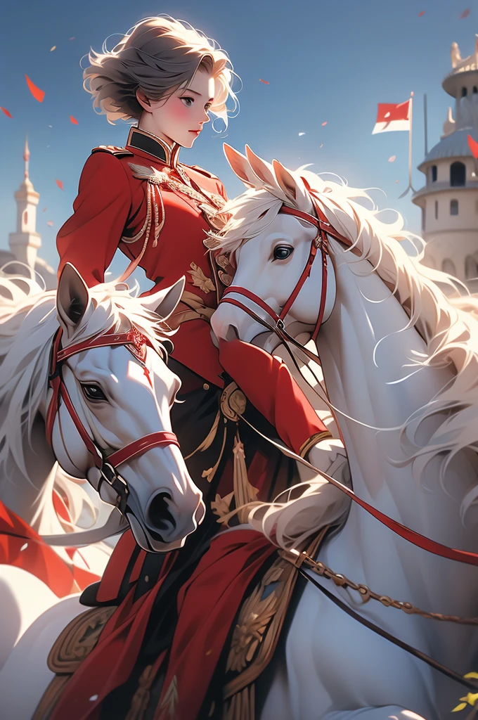 girl, riding white horse, red military uniform, husar, short hair, Napoleonic wars