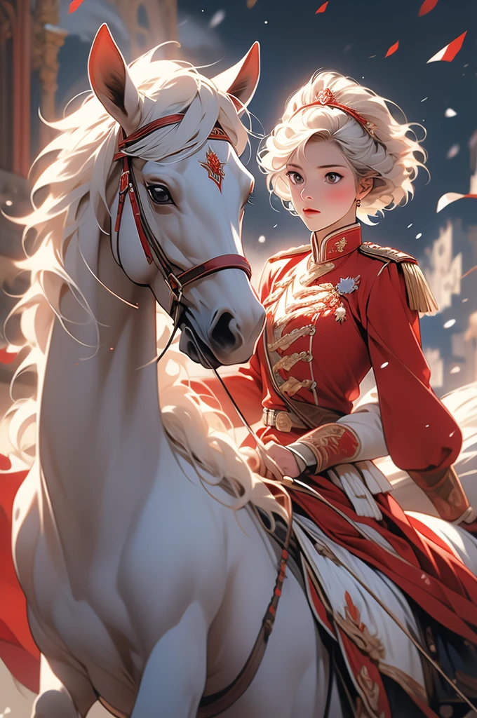 girl, riding white horse, red military uniform, husar, short hair, Napoleonic wars