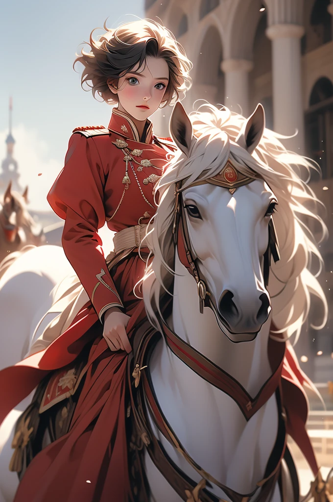 girl, riding white horse, red military uniform, husar, short hair, Napoleonic wars
