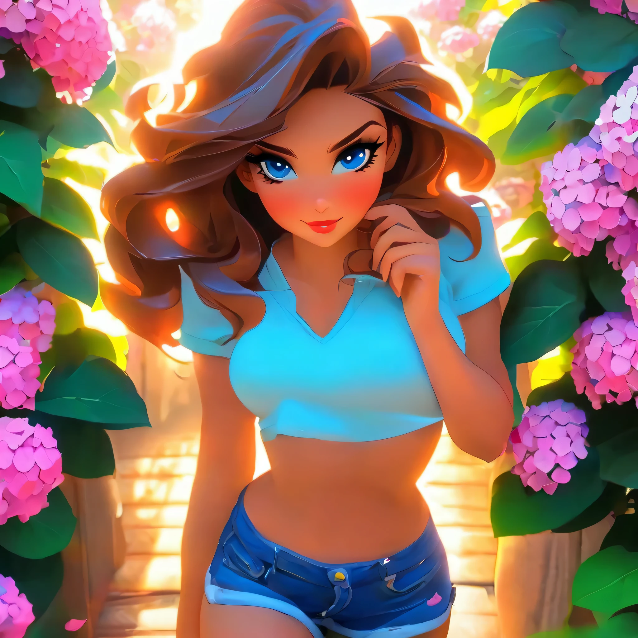 4K, June Scenario, Beautiful woman, long hair, chestnut hair, medium , blue colored eyes, white shirt, hot pants, neon red heart necklace, gazing at viewer, natta, colorful hydrangea