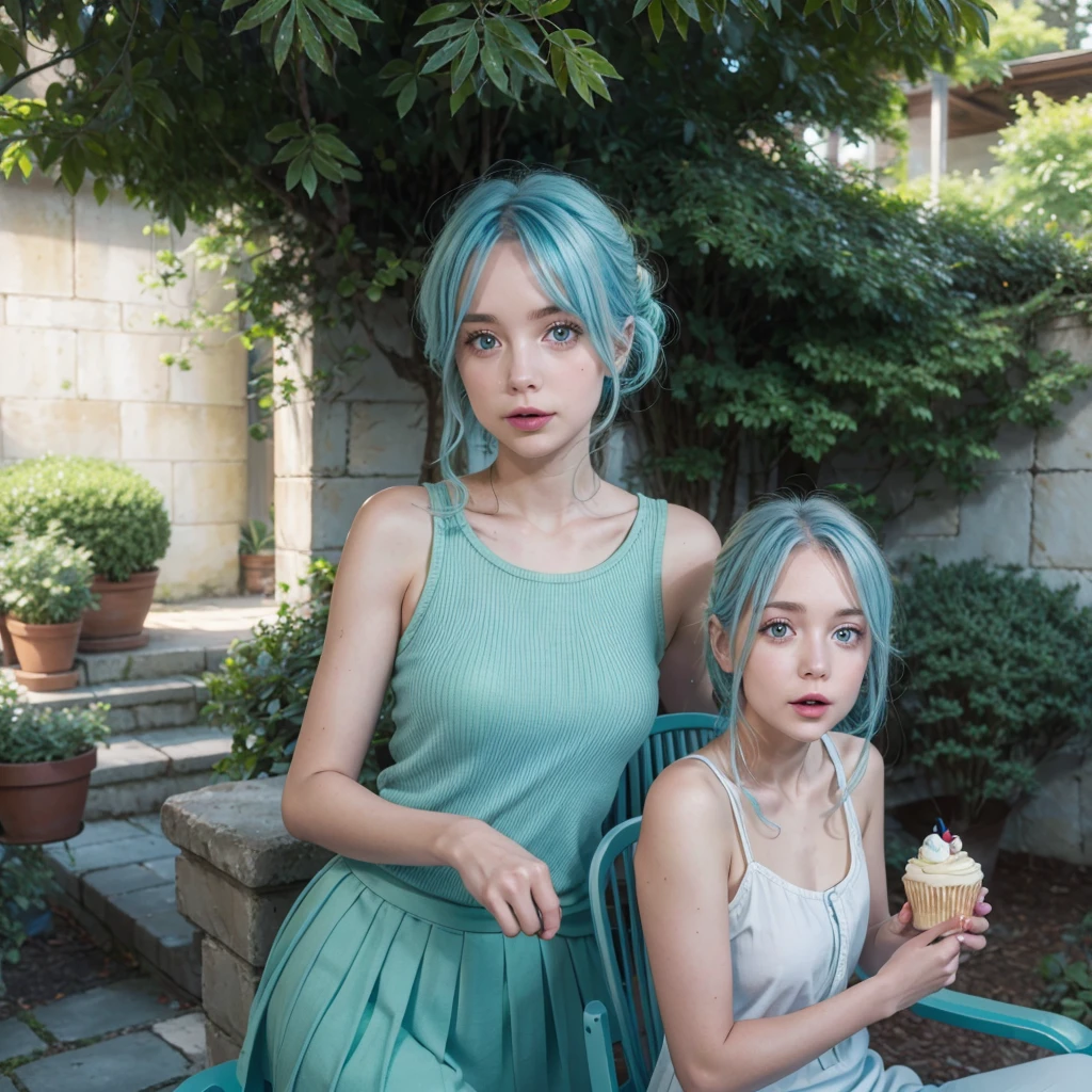  light blue hair, cake strip, Cute green eyes, Beautiful Mouth, 1,60, medium chest, sitting on a large chair in a courtyard 