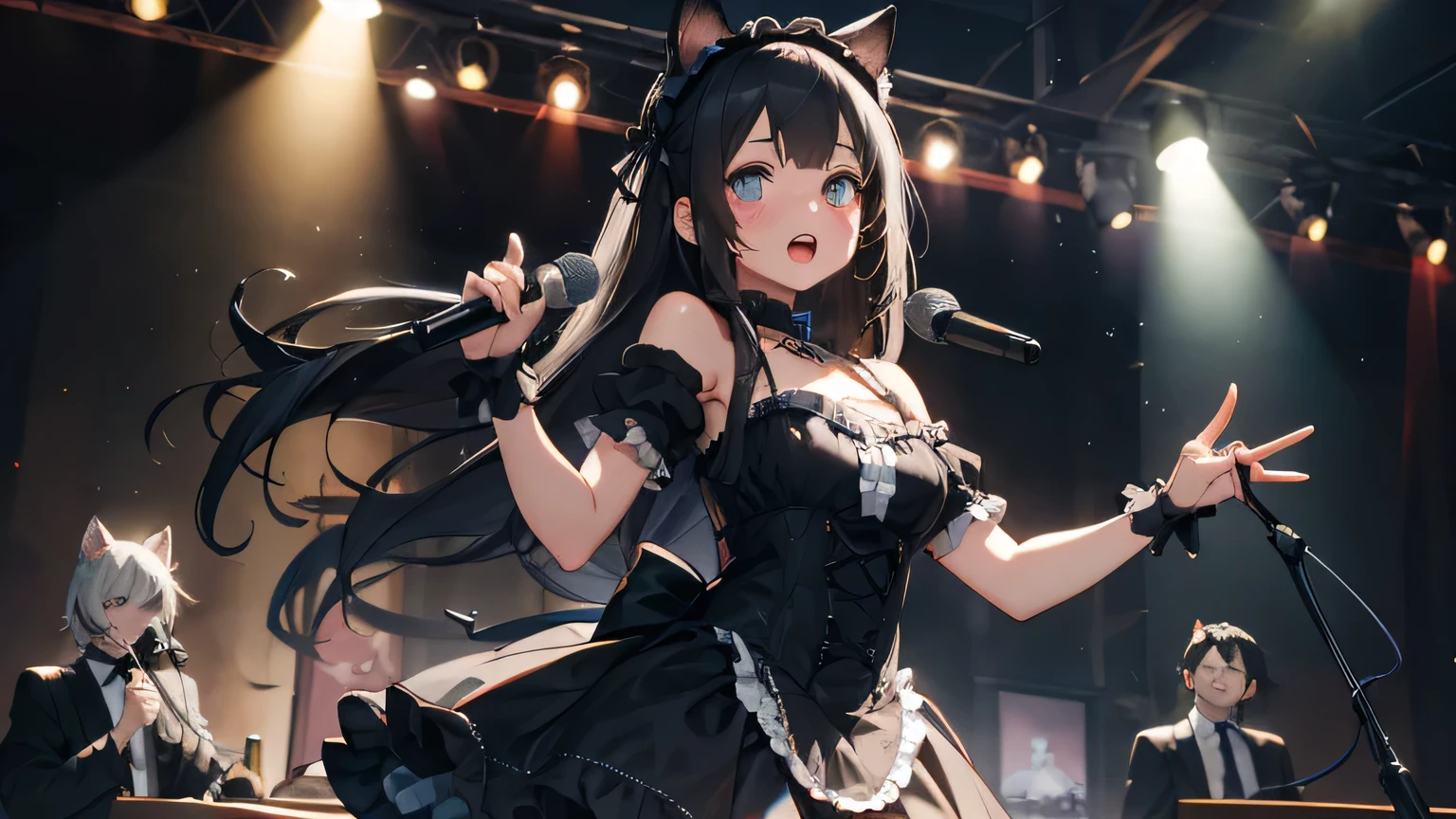 A girl with cat ears and long black hair、Gothic ta、Holding a microphone