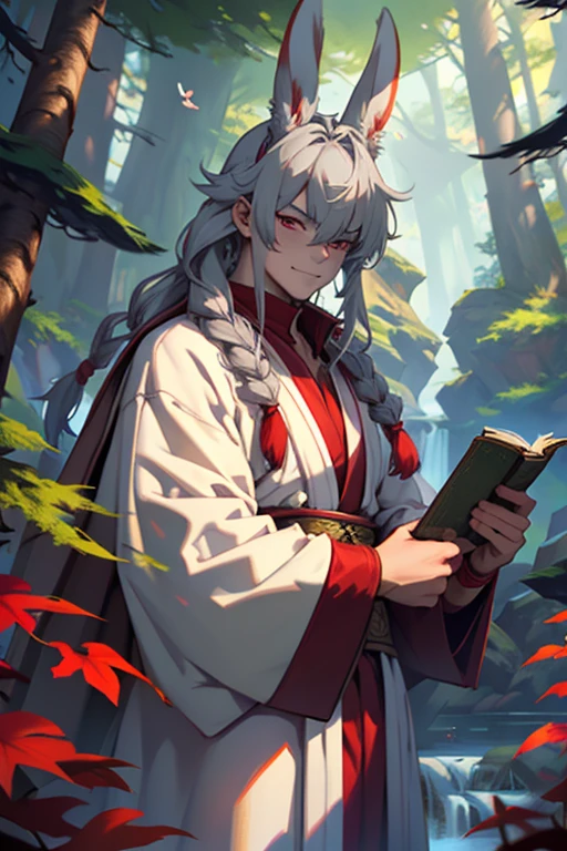 White Rabbit、Red eyes、1 Beastman、holding a thick closed book、Gray Hair、Hair that falls over the shoulders、Side braids、Rabbit Ears、Wizard、Green robe、Red Jewelry、Bangs that cover the eyes、Hair that hides one eye、Frowning、smile、in the forest、lake side