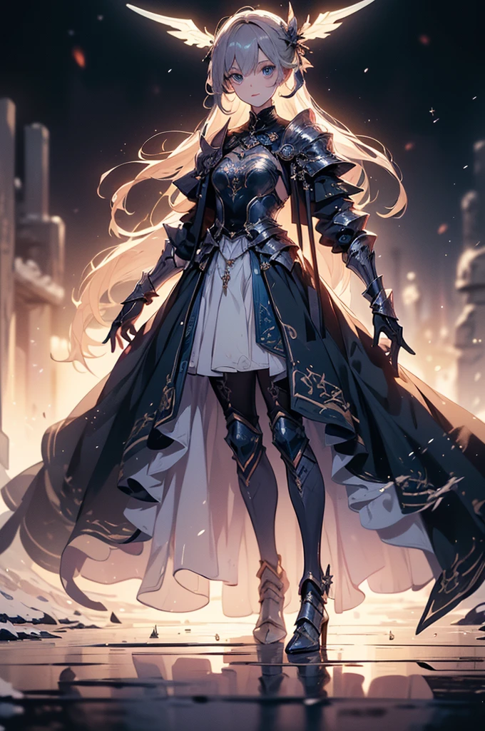 (((masterpiece, best quality, high detailed, 8k))) Design a layout showcase Gaming character, (1girl). Blue|Silver clothes, stylish and unique. ((showcase weapon:1.4)), bow and arrows. (masterpiece:1.2), (best quality), 4k, ultra-detailed. (Step by step design, layout art:1.5), (luminous lighting, atmospheric lighting). archer, ((glove full hands)), (((revealing clothes:1.3))), vambraces, armored legwear, (((full_body_shot:1.4))). {On a snowy mountain}.