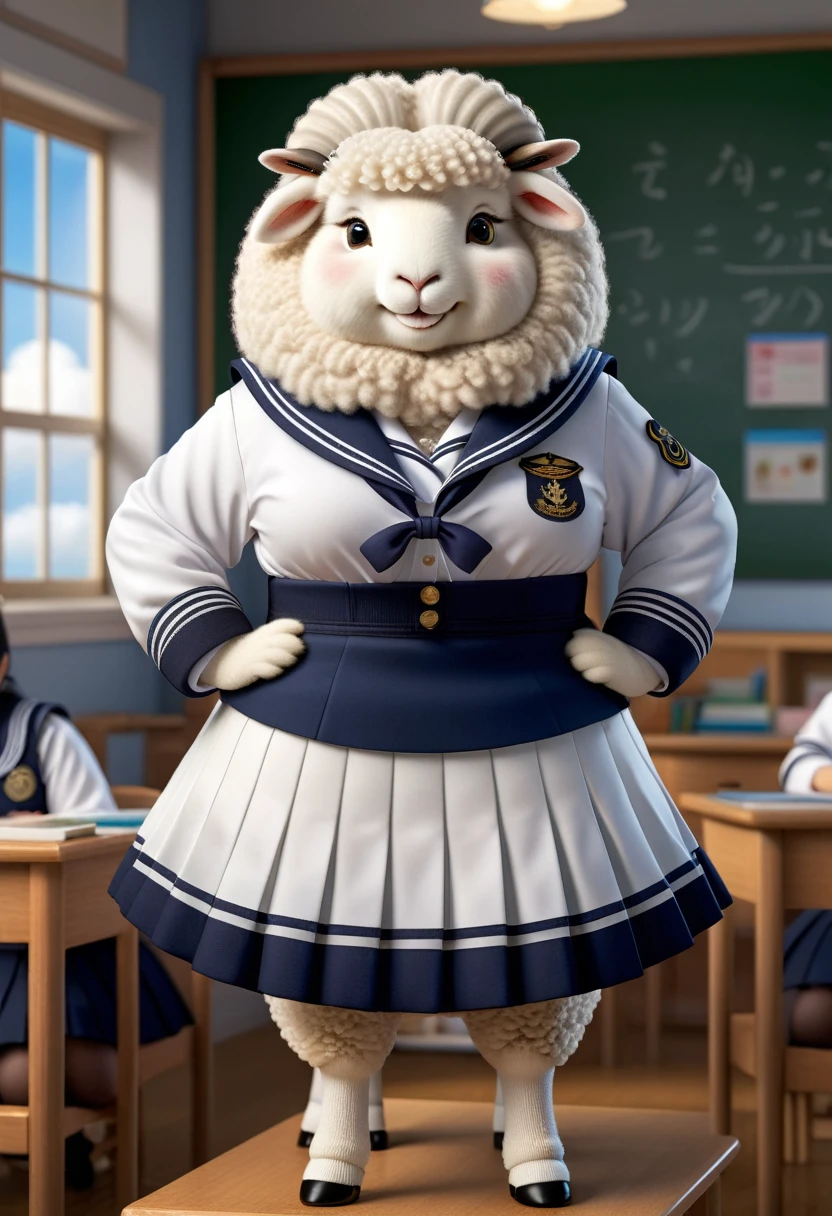 photorealistic portrait of Dressed animals-a ((fat)) ((angora sheep)) student,(furry), (elegant pose:1.5), (hands on hips:1.5),(smile:1.5),high quality,(),(lovely) ,intricate details, Wearing Japanese sailor uniform , (), highly detailed ((female sailor uniform)) ,highly detailed clothes, high sox , (happy), soft lighting,(full body image:2.0),in classroom background,clouds,score_9, score_8_up, score_7_up, score_6_up, score_5_up, score_4_up,