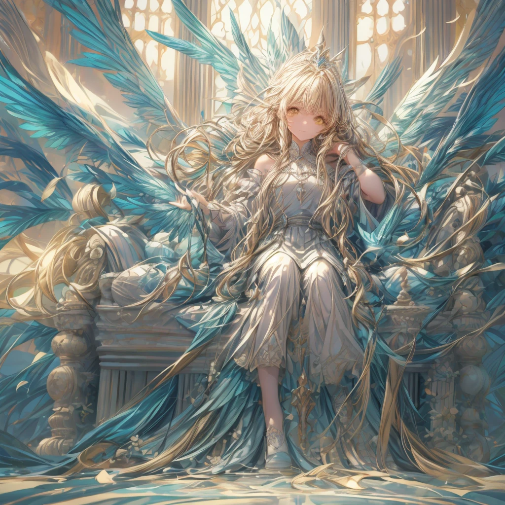 ((top-quality)), ((​masterpiece)), ((Ultra-detail)), (extremely delicate and beautiful), girl with, solo, cold attitude,((princess dress)),She is very(relax)with  the(Settled down)Looks,A blonde-haired, depth of fields,evil smile, feather, under the water, wings,bright light yellow eyes,Inner color with blonde hair and light yellow tips,Cold background, longest Hair - Linear Art, skirting、White uniform like 、Light blue ribbon ties、Clothes are sheer 、elegant praying pose