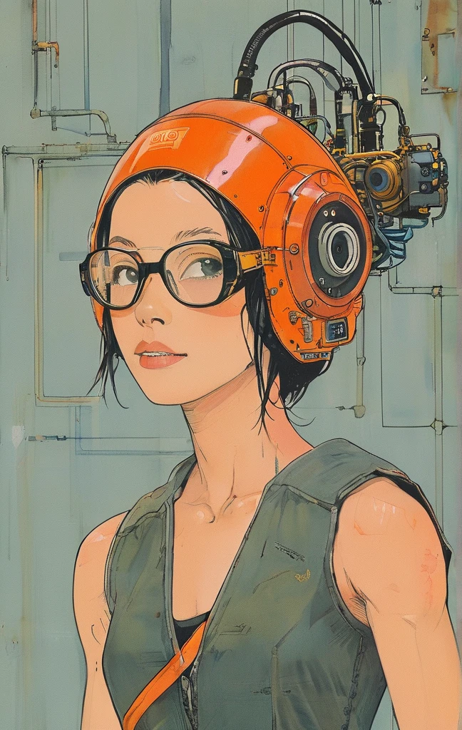 Nijistyle, short hair, NNLNNX, A muscular 35-year-old female welder working hard in a nearly naked steel industry in the Simon Bisley style, (( Welder's technological glasses on the forehead )), Holding a blowtorch, fumando um charuto, charuto entre os dentes, She wears a bandana on her head and is working hard operating machines in the production of parts for robots, suada, pele molhada de suor, suja, cansada mas sorrindo, orange worker overalls with typographies, ((( cor de laranja ))), corpo perfeito, seios grandes com decote, ((( cabelo super curto loiro claro ))), ((( rosto adulto ))), ((( Annie Lennox ))), Minimum clothing, mostrando parte dos seios, decote invertido, Nijistyle, jantar adulto, cena sensual, extremamente sexy