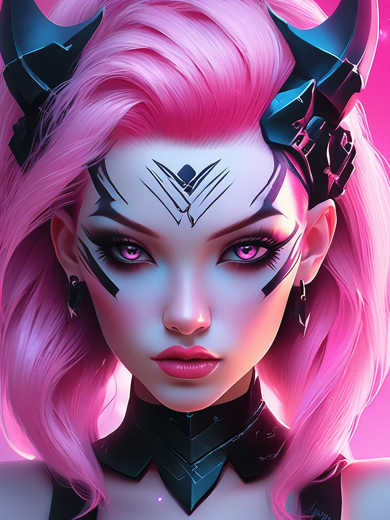 a close up of a woman with pink hair and tattoos, cyberpunk art inspired by rossdraws, trending on cg society, gothic art, demon girl, portrait of demon girl, beautiful succubus, demon anime girl, beautiful pink little alien girl, horrific digital art, pastel goth, gothic art style, gothic fantasy art, monster high makeup, trending on deviant art, full body 