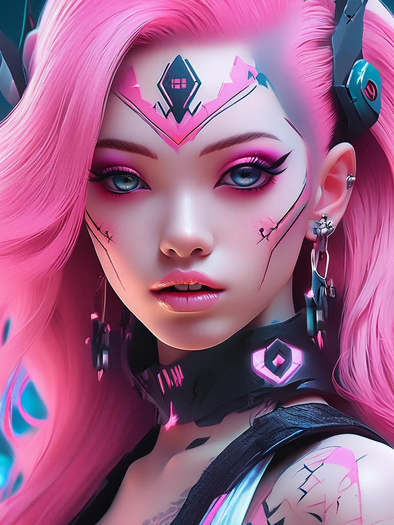 a close up of a woman with pink hair and tattoos, cyberpunk art inspired by rossdraws, trending on cg society, gothic art, demon girl, portrait of demon girl, beautiful succubus, demon anime girl, beautiful pink little alien girl, horrific digital art, pastel goth, gothic art style, gothic fantasy art, monster high makeup, trending on deviant art, full body 