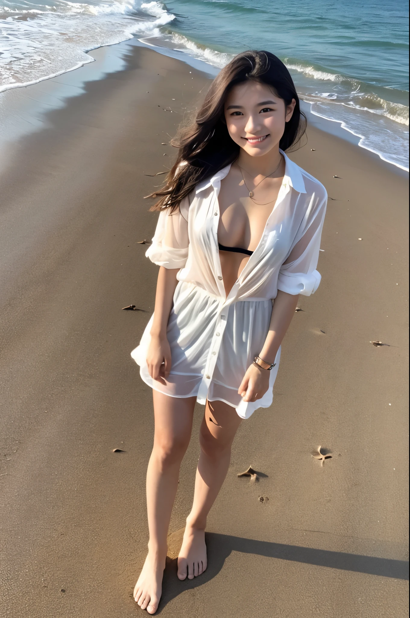 A 20-year-old as cute as a 15-year-old idol、Smiling Kindly、Medium size chest、Cleavage、(A see-through shirt)、Stroll along the sandy shores of this beautiful beach、Daytime、Full body portrait、(High level of artistry)、(Artistic Expression)、RAW Photos、Genuine、realism、live-action、RAW Photoasterpiece、Highest quality