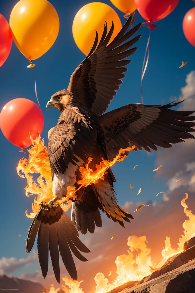 A PHOENIX with a beautiful background with some balloons behind in the shape of a hawk on fire
