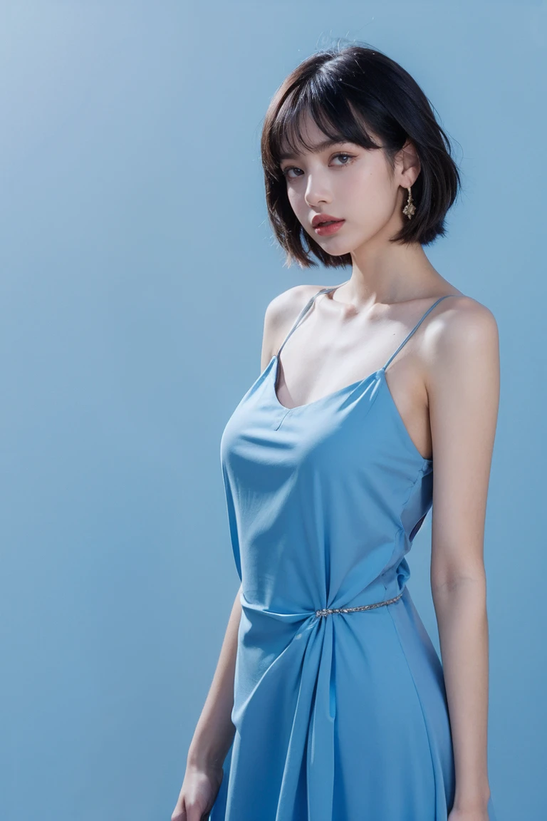 21yo girl, beautiful dress, blue background