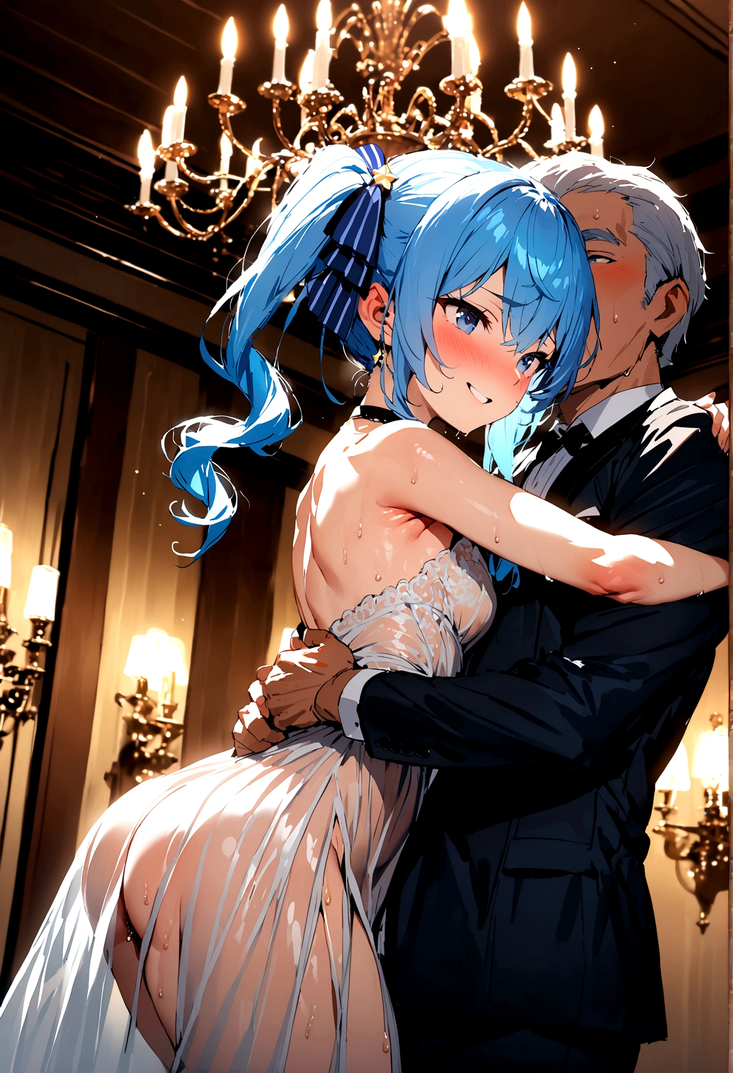 NSFW,masterpiece,Highest quality,High resolution,Super detailed,Star Town Suisei\(Hololive\),Blue Hair,One Side Ponytail,Blue Eyes,Small breasts,(High-quality see-through dress),Estrus,smile,blush,(Sweat),Luxurious Room,Party Venue,chandelier,(Middle-aged men),A man puts his hands on her waist and hugs her,Having sex,Insert,Creampie,heart