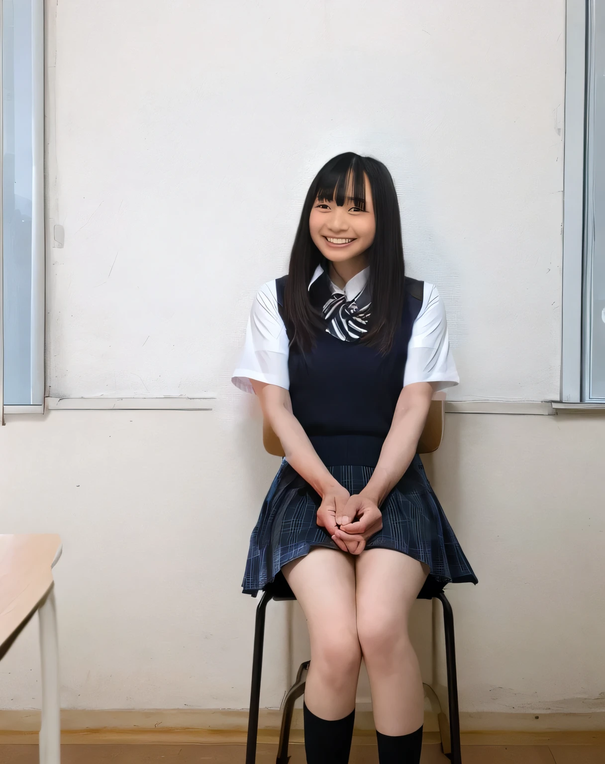 Highest quality,Super detailed,One high school girl,High school girls sitting on chairs in classroom,Blouse with short sleeves,Checkered pleated mini skirt,Turn slightly to the side and look at me,Posing for a photo,Distant scenery is blurry
