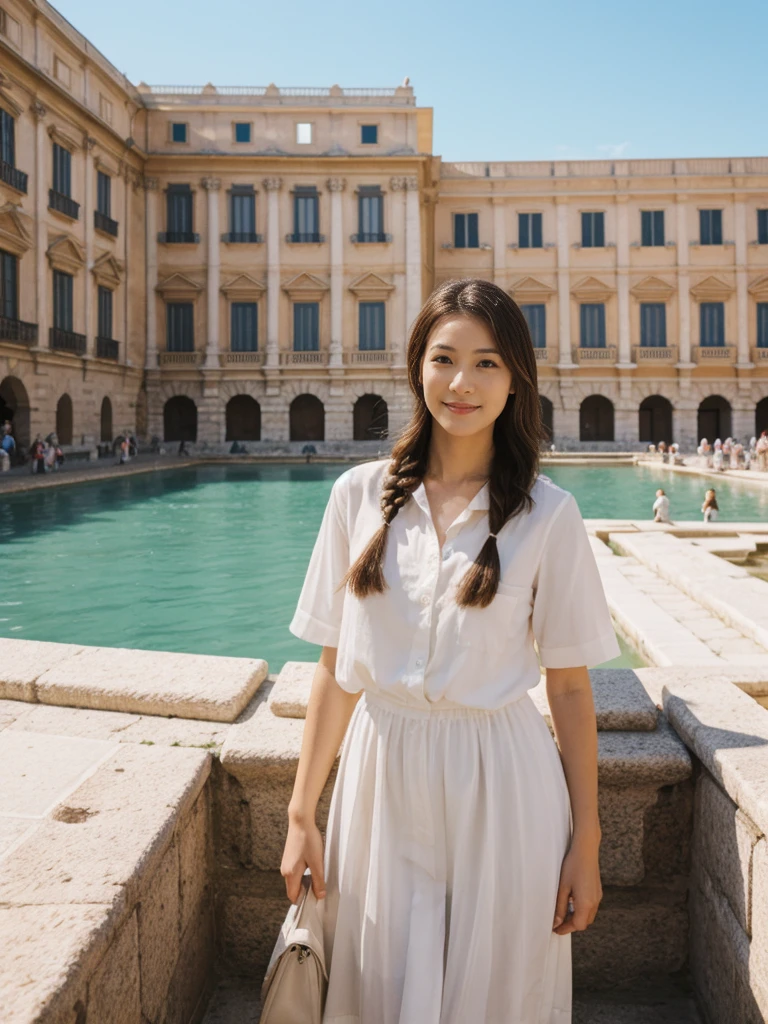 her name is Asako, high quality, 1girl, ((20-year-old fit Caucasian woman)), ((20 years old)), ((slim)), ((Fishtail Braid hair)), pose: standing, wearing unique stylish fashionable Generation-Z modern wear pastel colored, BACKGROUND:"At the Trevi Fountain, with its grand Baroque architecture and the tradition of tossing a coin into the water."