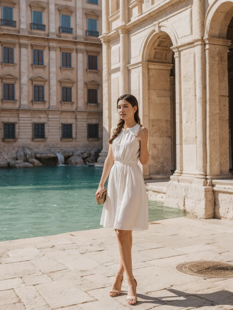 her name is Asako, high quality, 1girl, ((20-year-old fit Caucasian woman)), ((20 years old)), ((slim)), ((Fishtail Braid hair)), pose: standing, wearing unique stylish fashionable Generation-Z modern wear pastel colored, BACKGROUND:"At the Trevi Fountain, with its grand Baroque architecture and the tradition of tossing a coin into the water."