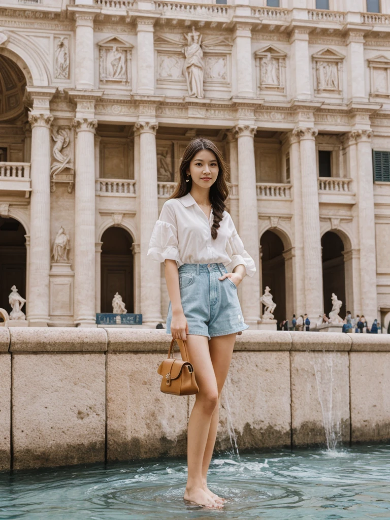 her name is Asako, high quality, 1girl, ((20-year-old fit Caucasian woman)), ((20 years old)), ((slim)), ((Fishtail Braid hair)), pose: standing, wearing unique stylish fashionable Generation-Z modern wear pastel colored, BACKGROUND:"At the Trevi Fountain, with its grand Baroque architecture and the tradition of tossing a coin into the water."