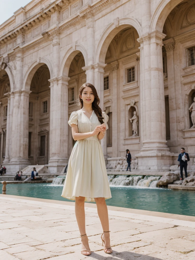 her name is Asako, high quality, 1girl, ((20-year-old fit Caucasian woman)), ((20 years old)), ((slim)), ((Fishtail Braid hair)), pose: standing, wearing unique stylish fashionable Generation-Z modern wear pastel colored, BACKGROUND:"At the Trevi Fountain, with its grand Baroque architecture and the tradition of tossing a coin into the water."