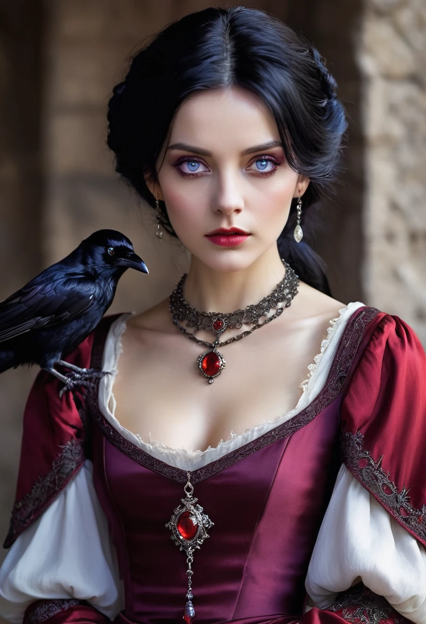 Black hair fine features violet eyes, slim, with an elegant red medieval dress, a necklace of a small crow, She looks a little rough and with a cold look