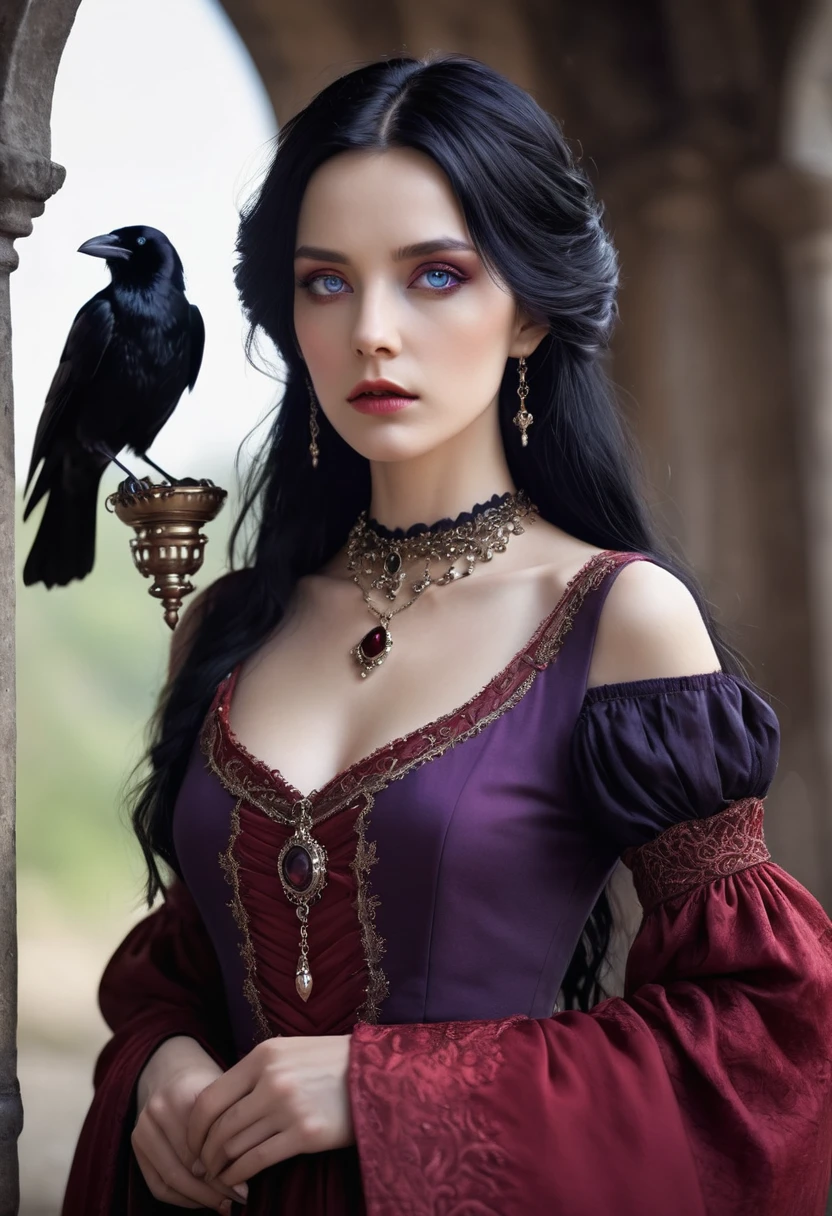 Black hair fine features violet eyes, slim, with an elegant red medieval dress, a necklace of a small crow, She looks a little rough and with a cold look