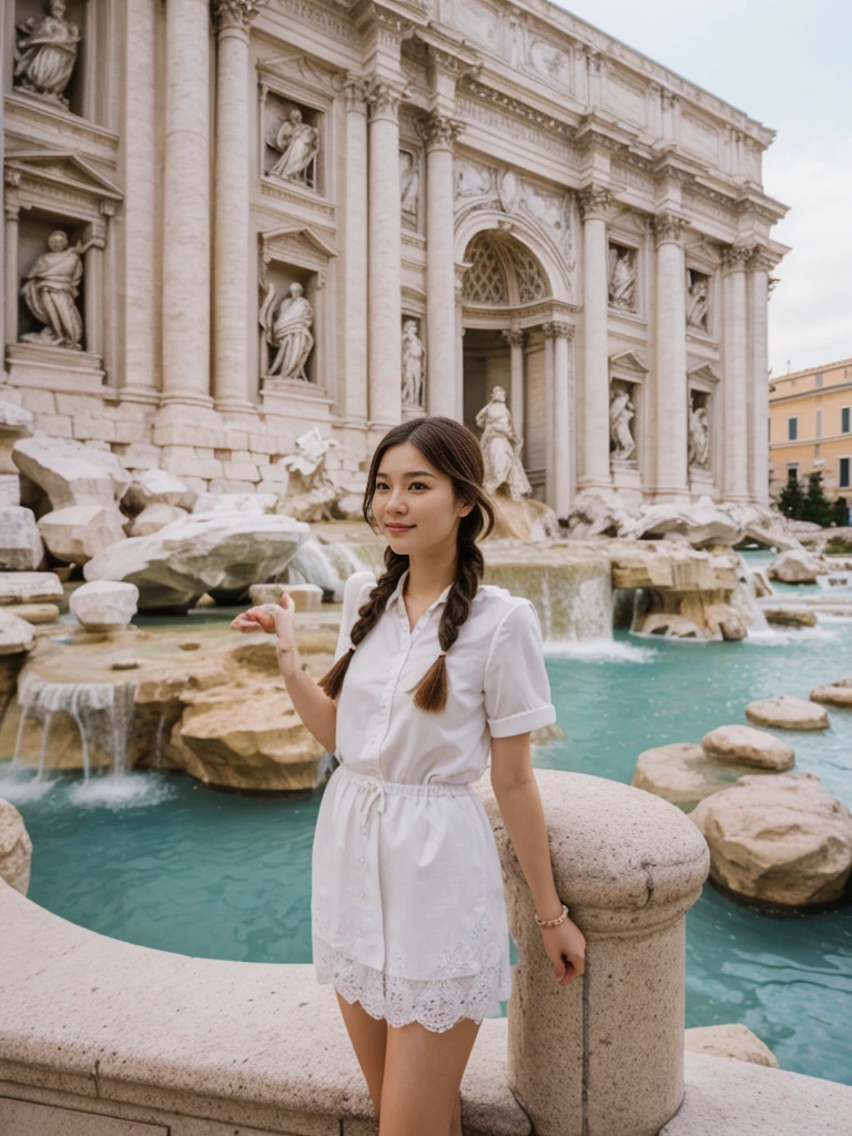 her name is Asako, high quality, 1girl, ((20-year-old fit Caucasian woman)), ((20 years old)), ((slim)), ((Fishtail Braid hair)), pose: standing, wearing unique stylish fashionable Generation-Z modern wear pastel colored, BACKGROUND:"At the Trevi Fountain, with its grand Baroque architecture and the tradition of tossing a coin into the water."