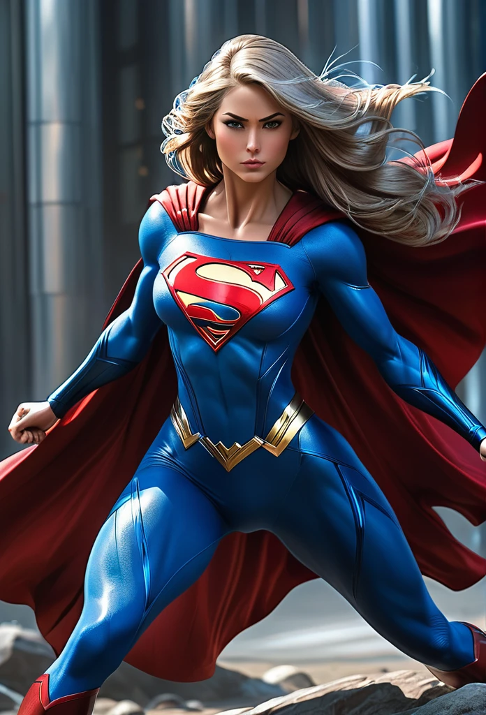 Massive muscular girl, with growth muscles veins, with style SuperGirl ,steel tones blue,
,She is in combat pose, her veins are pulsing ,concept art,she is standing ,I have a long red cape 