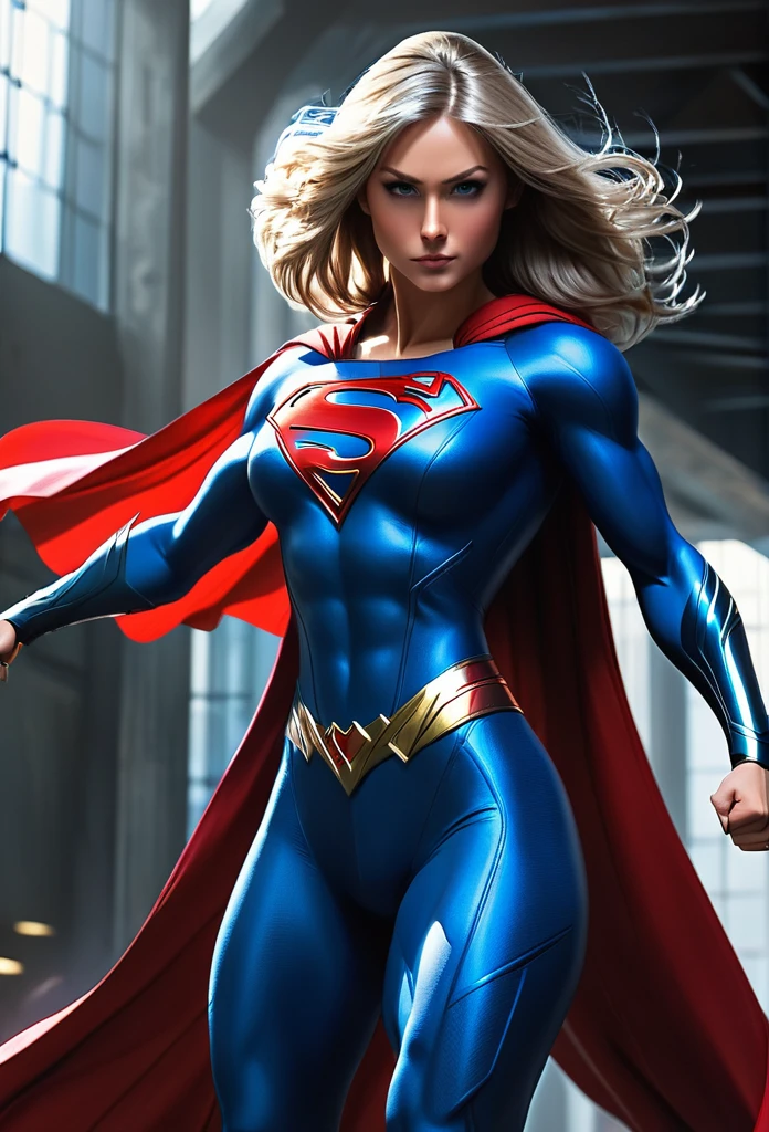 Massive muscular girl, with growth muscles veins, with style SuperGirl ,steel tones blue,
,She is in combat pose, her veins are pulsing ,concept art,she is standing ,I have a long red cape
