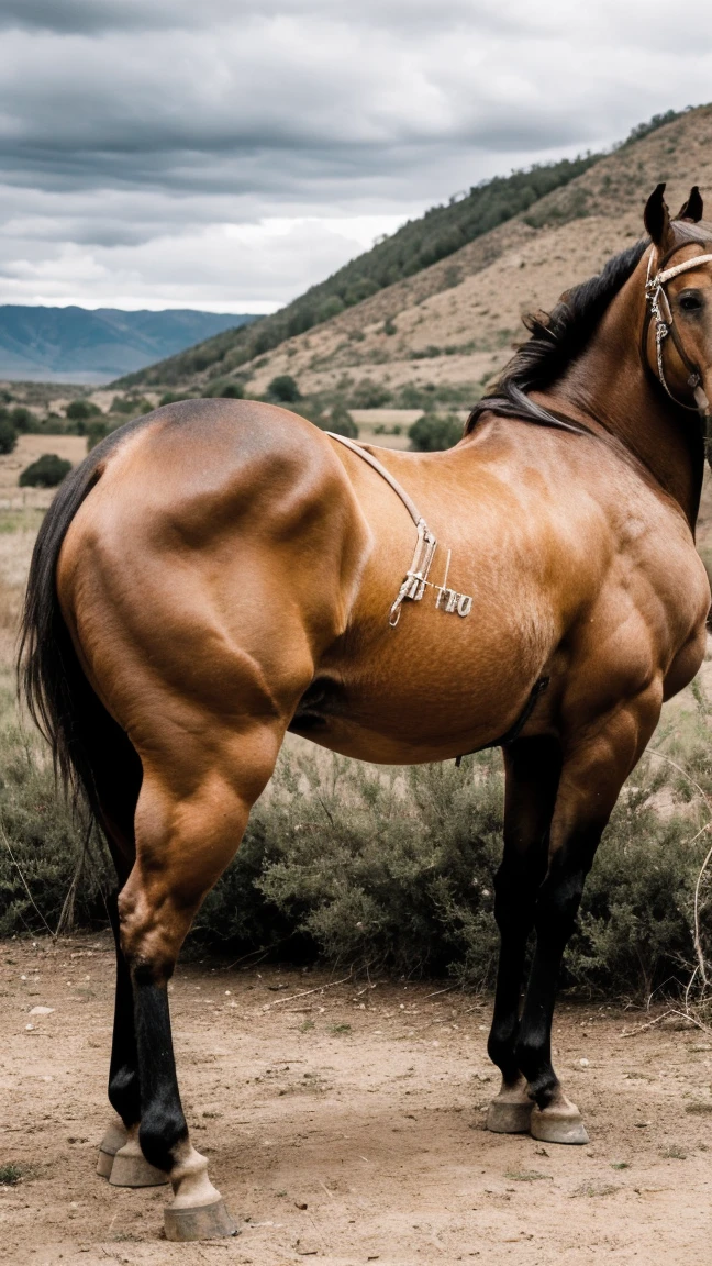 Solo milf, cowgirl at western, hot fleshy cougar, leather bikini top, leather hotpants with cowboy belt, cowboy boots, fullbody pose, revolver holster on thigh, surrounded by wildwest canyon view vibe while riding a stallion-horse with impressive huge horse cock),BREAK, (masterpiece),(best quality),(masutaa piisu),BREAK, the horse is displaying its huge horse-penis,must generate horse cock for the stallion-horse, riding on a horse, cloudy dark sky,