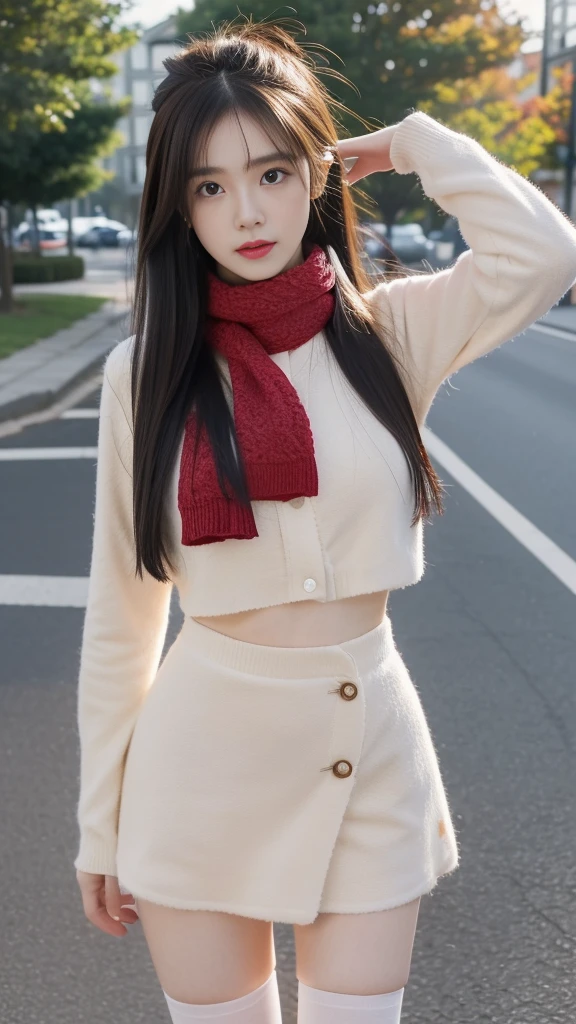 1 Woman, 24 years oF age, (Cute Face), (Ideal body proportions), Modern old town landscape, (Lolita clothing), (((Red muFFler))), wet, White skin, Slender, Black Hair, Pantyhose, Surrealism, light, F/1.8, 135 mm, precise, Anatomically correct, Textured Skin, Super Detail, High Detail, high quality, The award-winning, best quality, high resolution, 8K