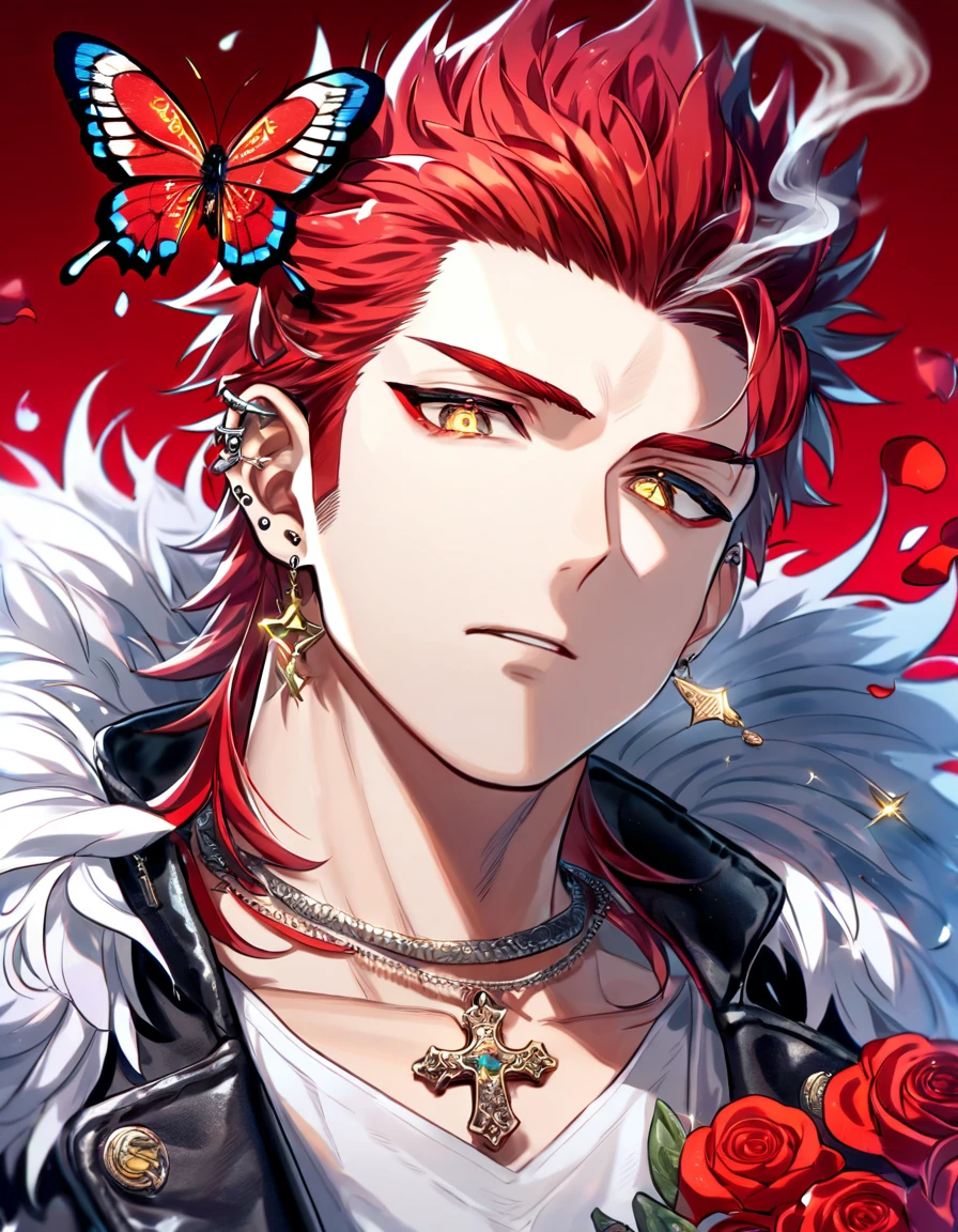 Ultra detailed, Highres, absurdres, HDR, Suoh Mikoto, red hair is kept short ruffled and spiked with two strands of hair near the opposite sides of his head falling on his face as well as distinct sideburns, K, expressive golden eyes, black leather jacket with a fur collar and a white V-neck underneath, silver ring, a star-shaped necklace, a piercing in his left ear, red flowers, petals, handsome, man, solo, very detailed eyes and face, glittering small red butterflies, master piece, glittering, fantasy, cross, red background, flames, smoking