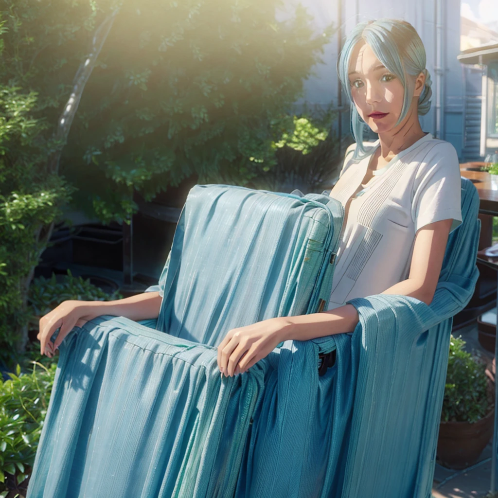 light blue hair, cake strip, Cute green eyes, Beautiful Mouth, 1,60, medium chest, sitting on a large chair in a courtyard