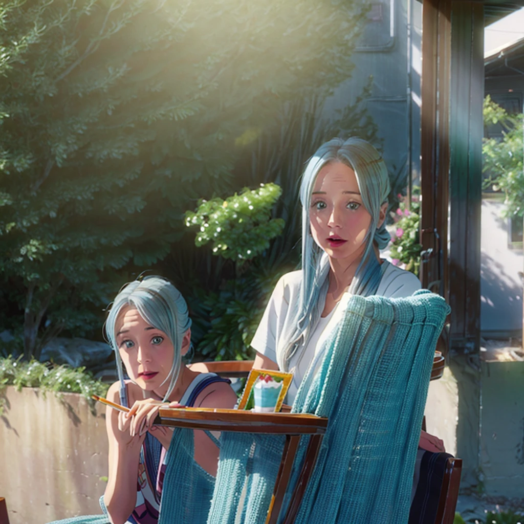 light blue hair, cake strip, Cute green eyes, Beautiful Mouth, 1,60, medium chest, sitting on a large chair in a courtyard