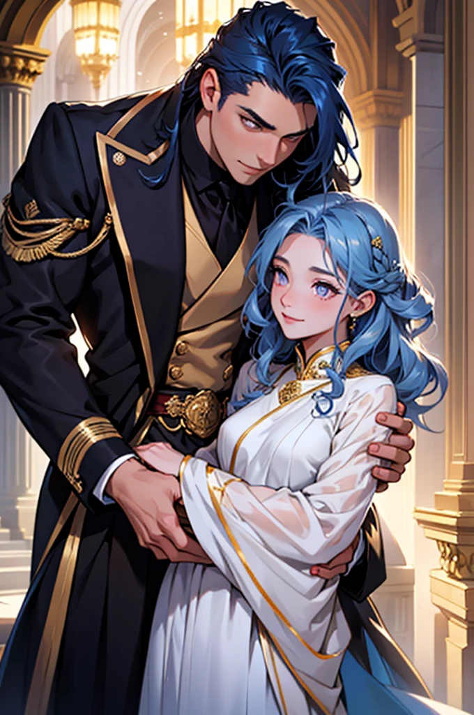 Book Cover: A young man of imposing stature graces the cover, his golden eyes captivating and his navy-blue hair reflecting passion and mystery. His presence is magnetic, adorned in elegant attire, and a captivating smile adds a special touch. By his side, a young woman of transcendental beauty with long, wavy golden-brown hair and deep violet eyes radiating natural luminosity. Her warm smile and graceful movements give her a presence that is simultaneously delicate and captivating. The image captures the elegance and intensity of an engaging romance. He had his arm around her waist, ensuring that his beloved wouldn't slip away.