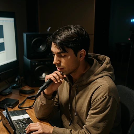 Show,man with short black hair,Use a BEIGE HOODED KANGAROO,Sit next to the computer,Hold the microphone with both hands,Close your eyes,indoor environment,The lighting is dark, fm radio studio, looking at the pc,