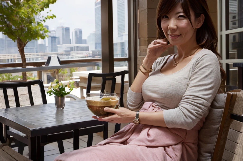 ((Highest quality)), ((8K)), ((masterpiece: 1.3)), (Perfect appearance), (Photorealism: 1.6), (JMA), (AIF), (One Japanese Mature), (Mature woman relaxing on the cafe terrace),