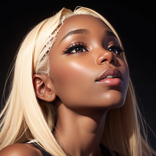 Reality of the face of a beautiful black African woman, 22 year old blonde hair, looking up. black backdrop.