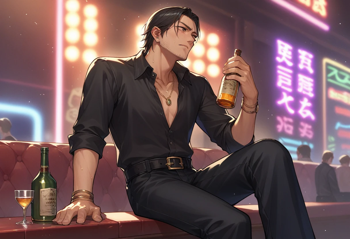 score_9, score_8_superior, score_7_superior, break, One boy, alone,  Akiyama, necklace, Black Shirt, belt, Black trousers, Sitting, indoor, Nightclub, alcohol,