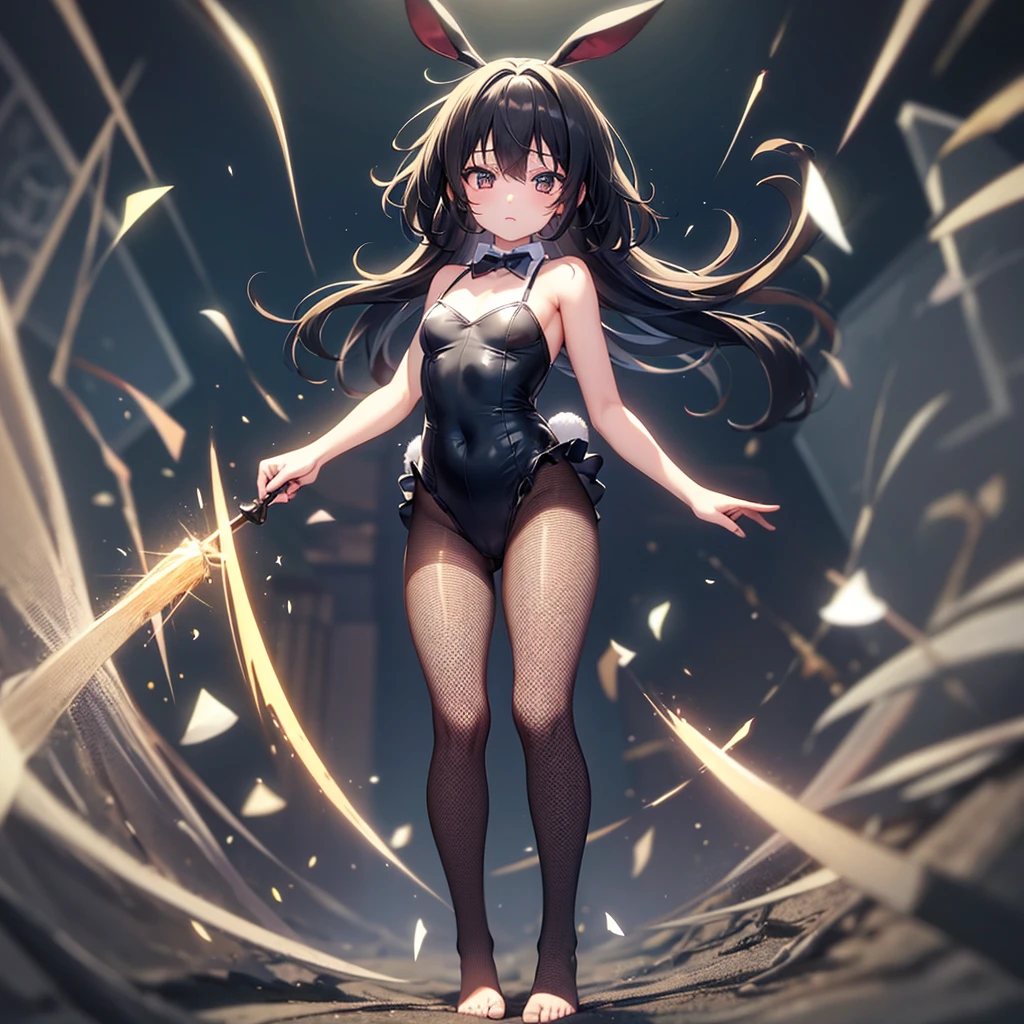 (Bunny girl),(Fishnet tights),(barefoot),Naked,Cute little ,Tiny ,Small girl,,Childish face, Very fine clean face,Top quality,Black Hair,(Dark Room), Subtle light, Natural light,Soft lighting,Light from directly behind, (Are standing),With bust up,Front view,Black background