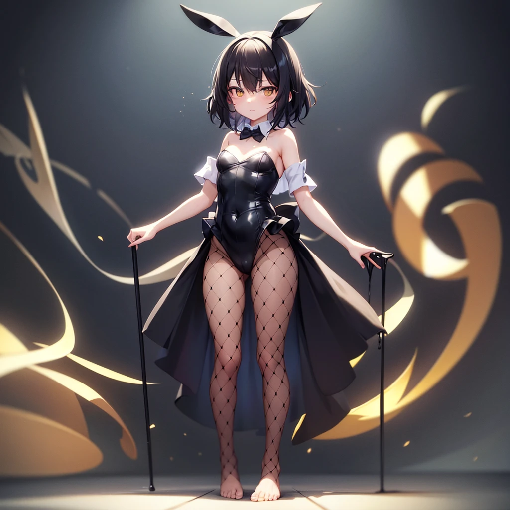 (Bunny girl),(Fishnet tights),(barefoot),Naked,Cute little ,Tiny , girl,,Childish face, Very fine clean face,Top quality,Black Hair,(Dark Room), Subtle light, Natural light,Soft lighting,Light from directly behind, (Are standing),With bust up,Front view,Black background