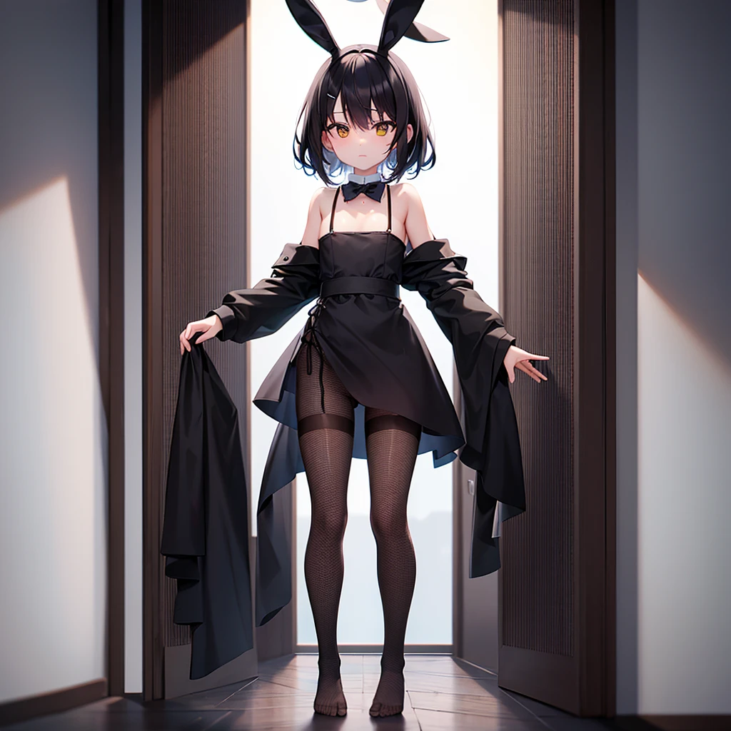 (Bunny girl),(Fishnet tights),(barefoot),Naked,Cute little ,Tiny , girl,,Childish face, Very fine clean face,Top quality,Black Hair,(Dark Room), Subtle light, Natural light,Soft lighting,Light from directly behind, (Are standing),With bust up,Front view,Black background